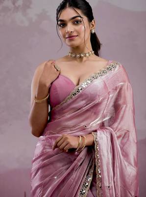 Pink mirror work, cut work soft burberry silk bollywood saree with blouse 2