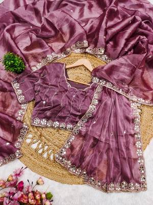Pink mirror work, cut work soft burberry silk bollywood saree with blouse 3