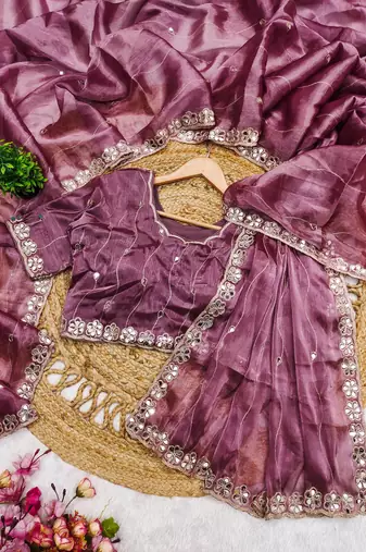 Pink mirror work, cut work soft burberry silk bollywood saree with blouse