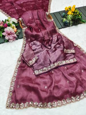 Pink mirror work, cut work soft burberry silk bollywood saree with blouse 4