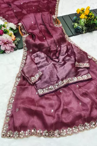 Pink mirror work, cut work soft burberry silk bollywood saree with blouse