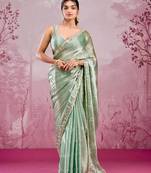 Pista green mirror work, cut work soft burberry silk bollywood saree with blouse