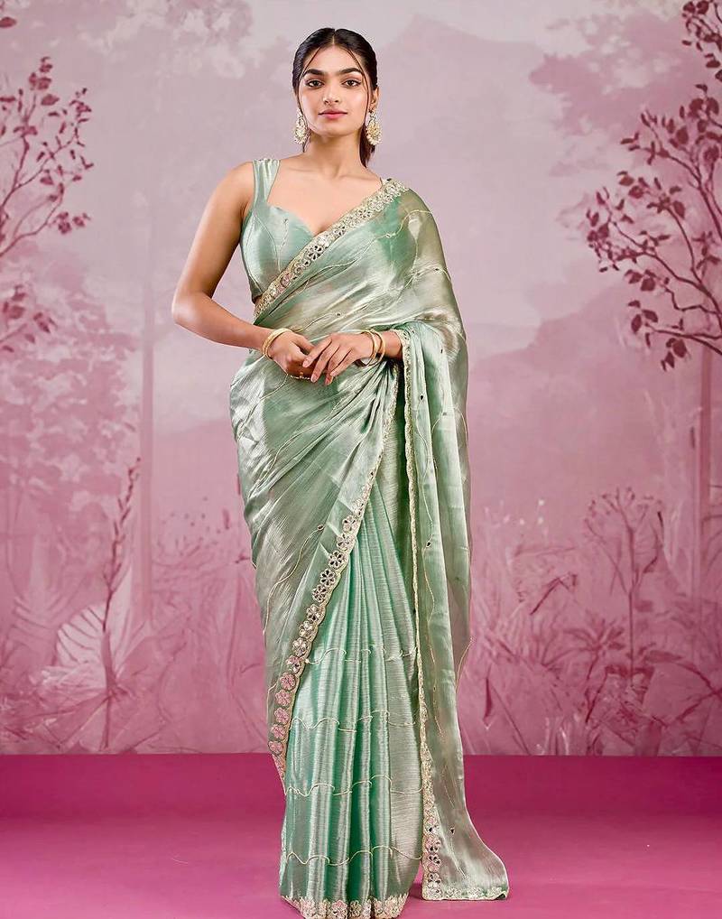 Pista green mirror work, cut work soft burberry silk bollywood saree with blouse