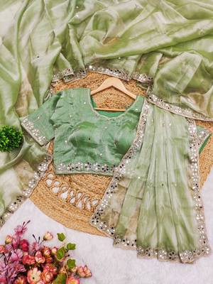 Pista green mirror work, cut work soft burberry silk bollywood saree with blouse 3