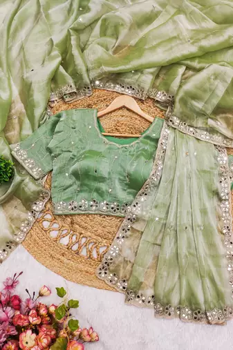 Pista green mirror work, cut work soft burberry silk bollywood saree with blouse