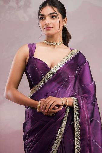 Purple mirror work, cut work soft burberry silk bollywood saree with blouse