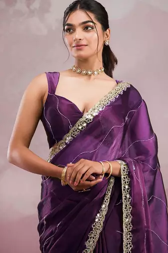 Purple mirror work, cut work soft burberry silk bollywood saree with blouse