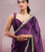 Purple mirror work, cut work soft burberry silk bollywood saree with blouse