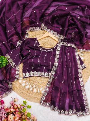 Purple mirror work, cut work soft burberry silk bollywood saree with blouse 2
