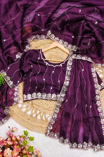 Purple mirror work, cut work soft burberry silk bollywood saree with blouse