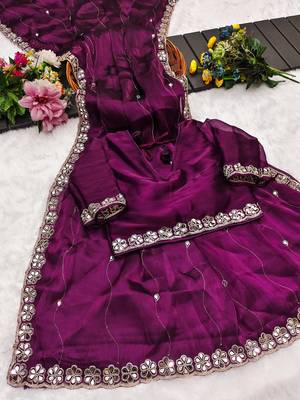 Purple mirror work, cut work soft burberry silk bollywood saree with blouse 3