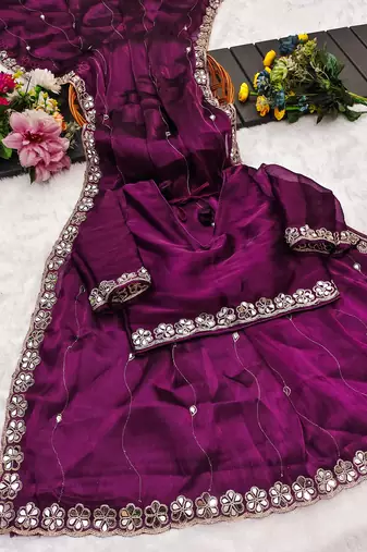 Purple mirror work, cut work soft burberry silk bollywood saree with blouse