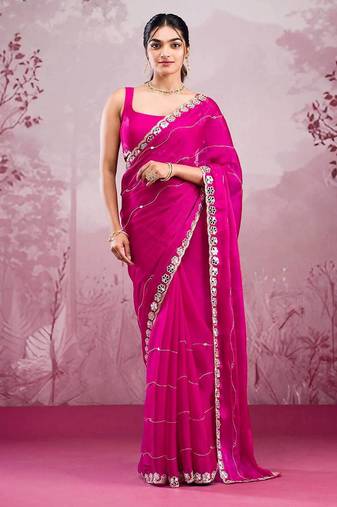 Rani pink mirror work, cut work soft burberry silk bollywood saree with blouse