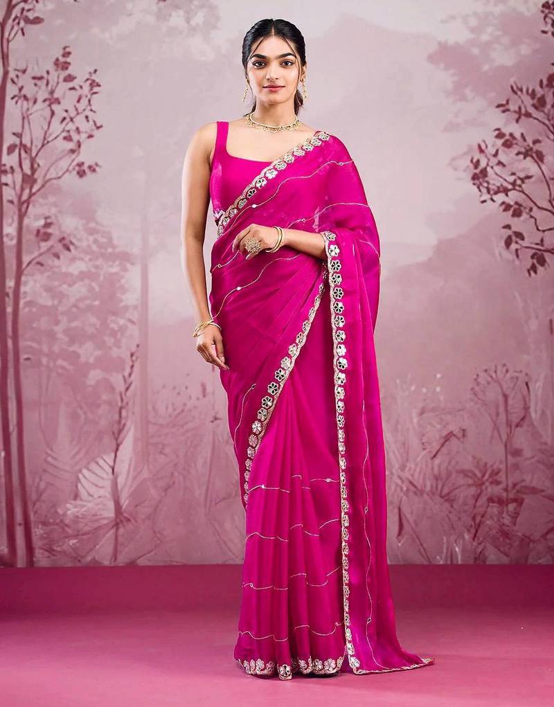 Rani pink mirror work, cut work soft burberry silk bollywood saree with blouse
