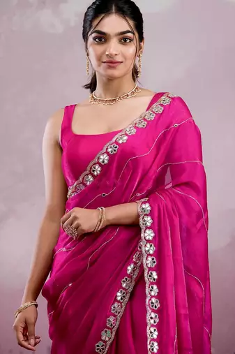 Rani pink mirror work, cut work soft burberry silk bollywood saree with blouse