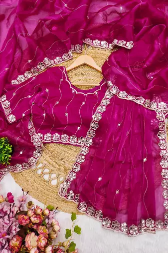 Rani pink mirror work, cut work soft burberry silk bollywood saree with blouse