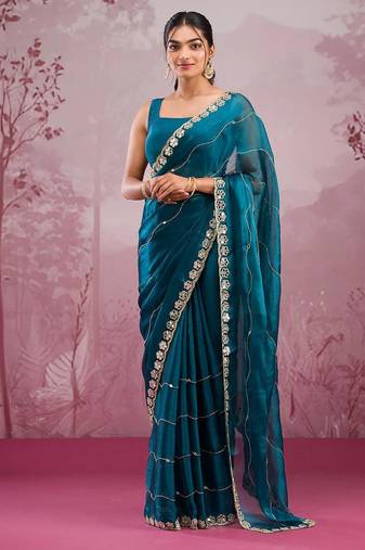 Teal blue mirror work, cut work soft burberry silk bollywood saree with blouse