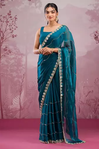Teal blue mirror work, cut work soft burberry silk bollywood saree with blouse