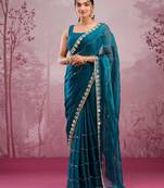 Teal blue mirror work, cut work soft burberry silk bollywood saree with blouse