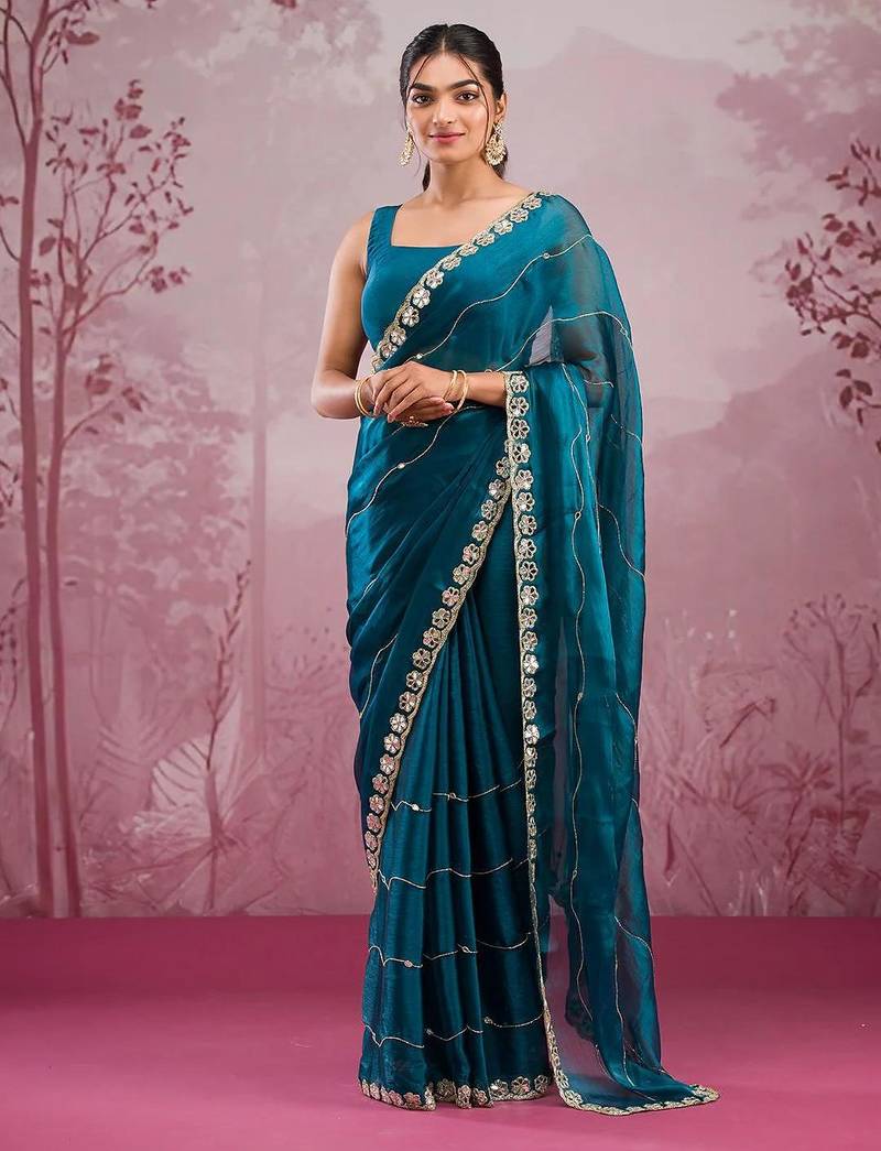 Teal blue mirror work, cut work soft burberry silk bollywood saree with blouse