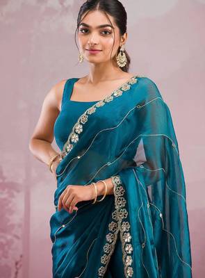 Teal blue mirror work, cut work soft burberry silk bollywood saree with blouse 2