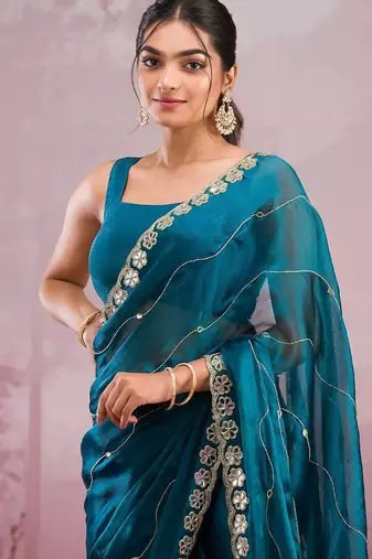 Teal blue mirror work, cut work soft burberry silk bollywood saree with blouse