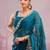 Teal blue mirror work, cut work soft burberry silk bollywood saree with blouse