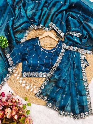 Teal blue mirror work, cut work soft burberry silk bollywood saree with blouse 3