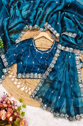 Teal blue mirror work, cut work soft burberry silk bollywood saree with blouse