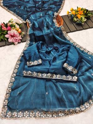 Teal blue mirror work, cut work soft burberry silk bollywood saree with blouse 4