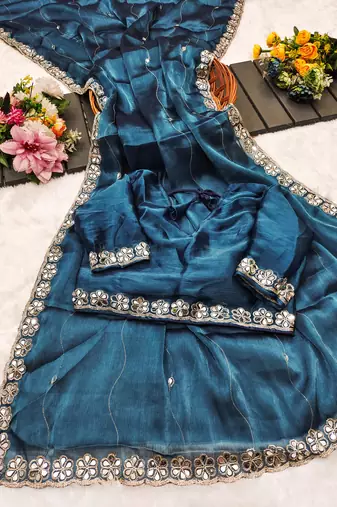 Teal blue mirror work, cut work soft burberry silk bollywood saree with blouse