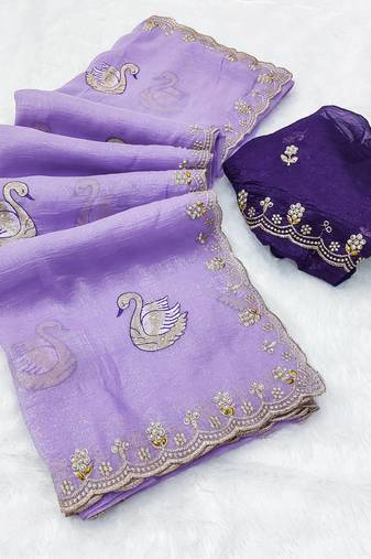 lavender embroidered moti work cut work chiffon saree with blouse
