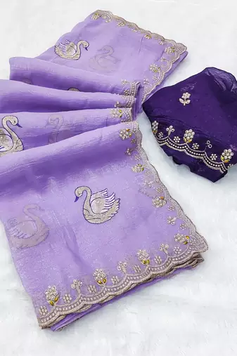 lavender embroidered moti work cut work chiffon saree with blouse