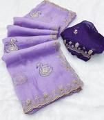 lavender embroidered moti work cut work chiffon saree with blouse