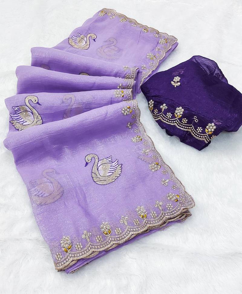 lavender embroidered moti work cut work chiffon saree with blouse