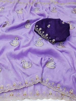 lavender embroidered moti work cut work chiffon saree with blouse 2