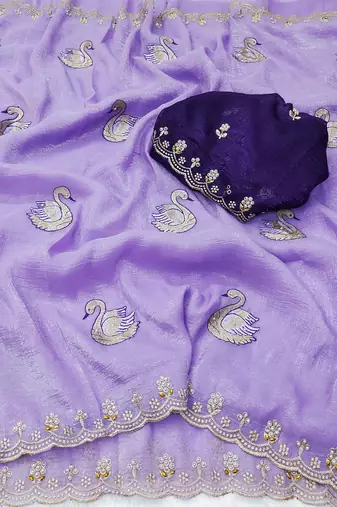 lavender embroidered moti work cut work chiffon saree with blouse