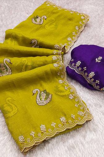 mustard yellow embroidered moti work cut work chiffon saree with blouse