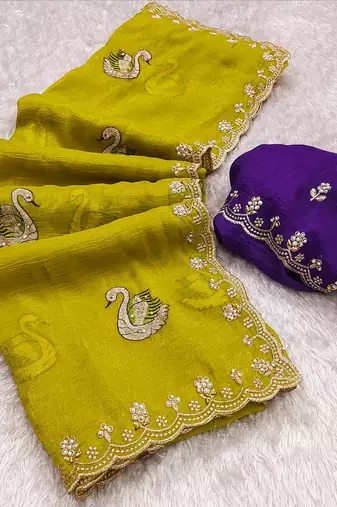 mustard yellow embroidered moti work cut work chiffon saree with blouse