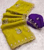 mustard yellow embroidered moti work cut work chiffon saree with blouse