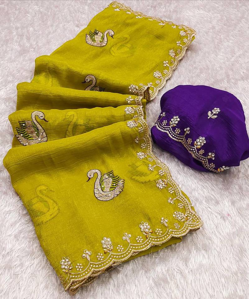 mustard yellow embroidered moti work cut work chiffon saree with blouse