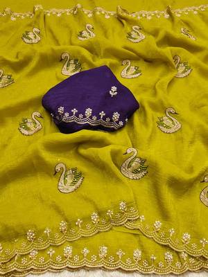 mustard yellow embroidered moti work cut work chiffon saree with blouse 2
