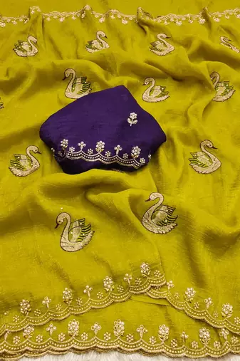 mustard yellow embroidered moti work cut work chiffon saree with blouse