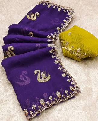 purple embroidered moti work cut work chiffon saree with blouse 1