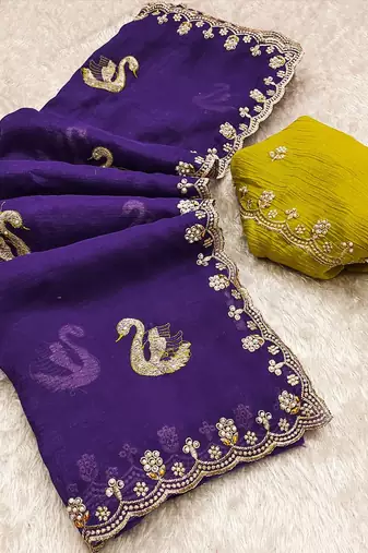 purple embroidered moti work cut work chiffon saree with blouse
