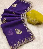purple embroidered moti work cut work chiffon saree with blouse