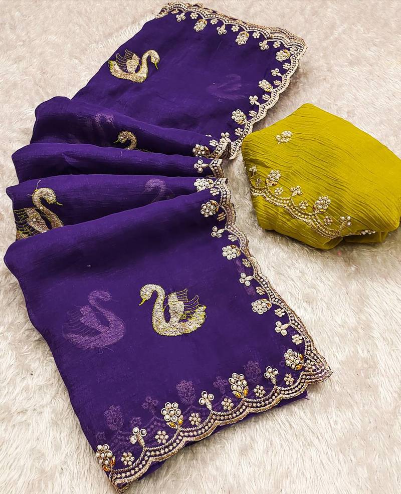 purple embroidered moti work cut work chiffon saree with blouse