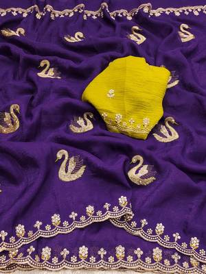 purple embroidered moti work cut work chiffon saree with blouse 2