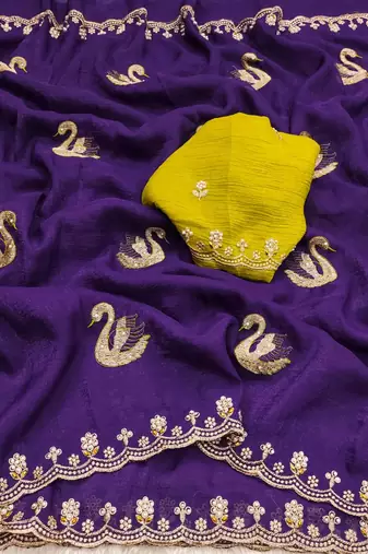 purple embroidered moti work cut work chiffon saree with blouse