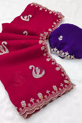 rani pink embroidered moti work cut work chiffon saree with blouse